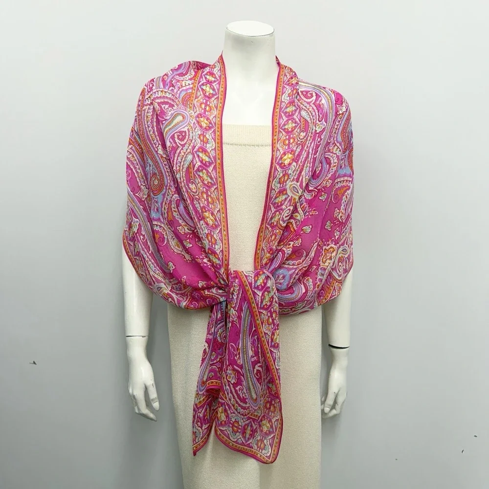 Ralph Lauren Silk Scarf Paisley & Floral Fuchsia Blue Orange Vibrant 17
